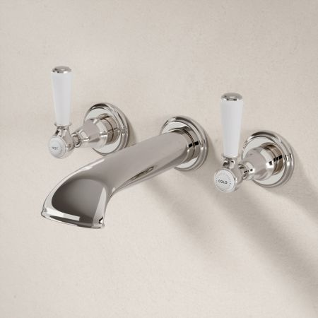 Linton Wall Mounted 3 Hole Bath Filler - White Lever & Ceramics - Polished Nickel