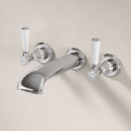 Linton - 3-Hole Bath Filler - Wall Mounted - White Lever - Chrome