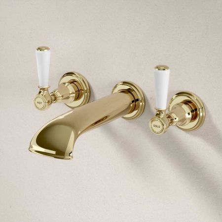 Linton Wall Mounted 3 Hole Bath Filler - White Lever - Timeless Brass