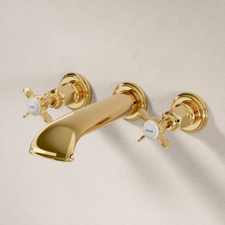 Linton Wall Mounted 3 Hole Bath Filler - Crosshead & Ceramics - Living Brass