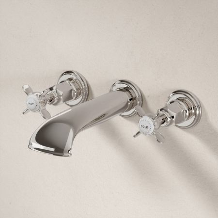 Linton Wall Mounted 3 Hole Bath Filler - Crosshead & Ceramics - Polished Nickel