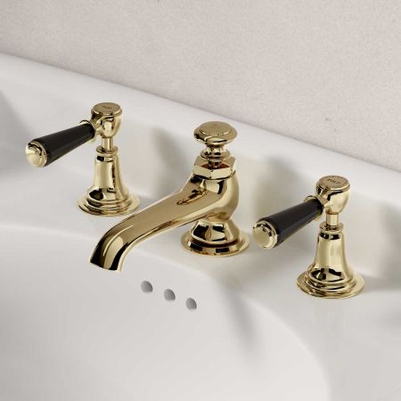 Linton Deck Mounted 3 Hole Basin Mixer with Pop Up Waste - Black Lever - Timeless Brass