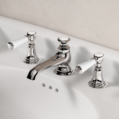 Linton Deck Mounted 3 Hole Basin Mixer with Pop Up Waste - White Lever & Ceramics - Chrome