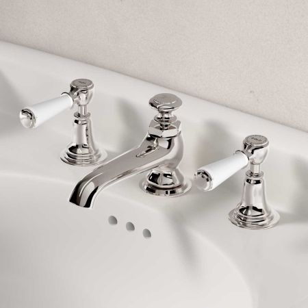 Linton White Lever 3 Hole Basin Mixer C/W Pop Up Waste Nickel