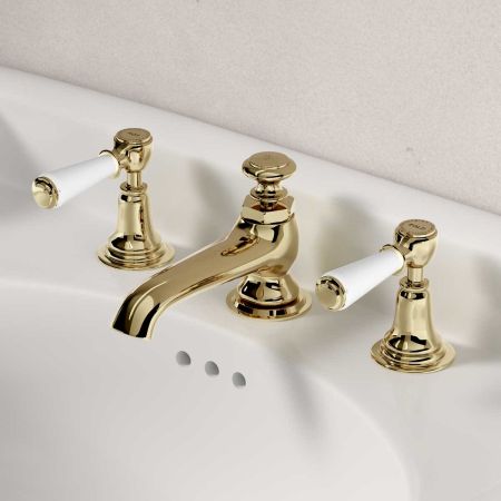 Linton Deck Mounted 3 Hole Basin Mixer with Pop Up Waste - White Lever - Timeless Brass