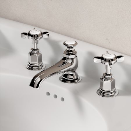 Linton Deck Mounted 3 Hole Basin Mixer with Pop Up Waste - Crosshead & Ceramics - Chrome