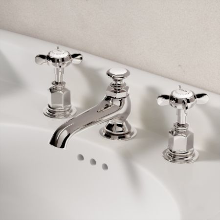 Linton Deck Mounted 3 Hole Basin Mixer with Pop Up Waste - Crosshead & Ceramics - Polished Nickel