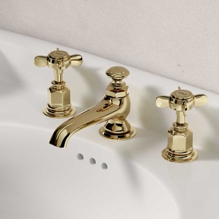 Linton Deck Mounted 3 Hole Basin Mixer with Pop Up Waste - Crosshead - Timeless Brass