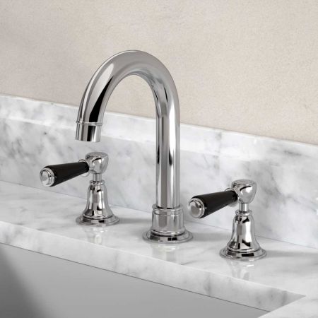 Linton Deck Mounted 3 Hole Basin Mixer with Swan Neck Spout - Black Lever - Chrome