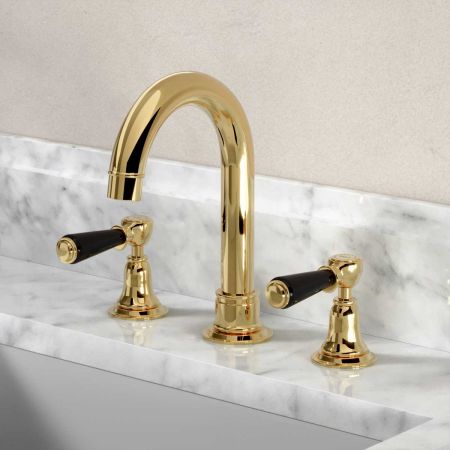 Linton Deck Mounted 3 Hole Basin Mixer with Swan Neck Spout - Black Lever - Brass