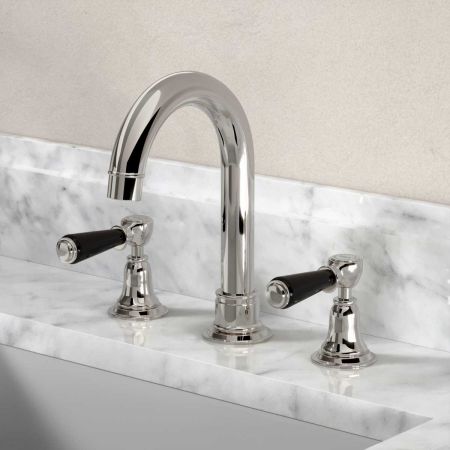 Linton Deck Mounted 3 Hole Basin Mixer with Swan Neck Spout - Black Lever - Nickel