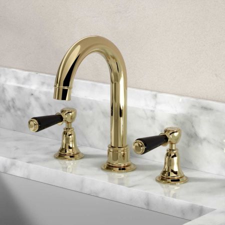 Linton Deck Mounted 3 Hole Basin Mixer with Swan Neck Spout - Black Lever - Timeless Brass