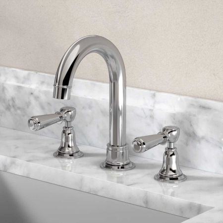 Linton 3 Hole Basin Mixer - Swan Neck Spout - Metal Lever - Chrome Finish