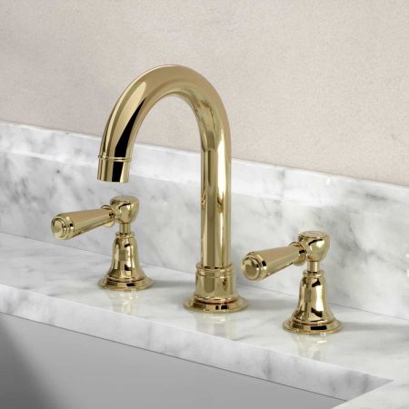 Linton Deck Mounted 3 Hole Basin Mixer with Swan Neck Spout - Metal Lever - Timeless Brass