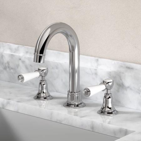 Linton Deck Mounted 3 Hole Basin Mixer with Swan Neck Spout - White Lever & Ceramics - Chrome