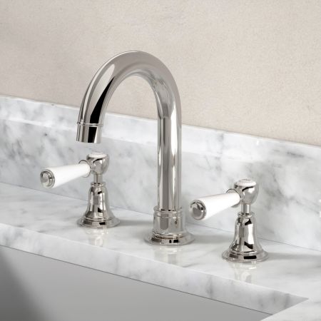 Linton Classic 3 Hole Basin Mixer with Swan Neck Spout & White Levers in Polished Nickel