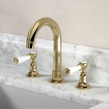 Linton Deck Mounted 3 Hole Basin Mixer with Swan Neck Spout - White Lever & Ceramics - Timeless Brass