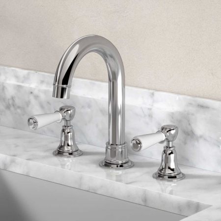 Linton Deck Mounted 3 Hole Basin Mixer with Swan Neck Spout - White Lever - Chrome