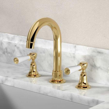 Linton Deck Mounted 3 Hole Basin Mixer with Swan Neck Spout - White Lever - Brass