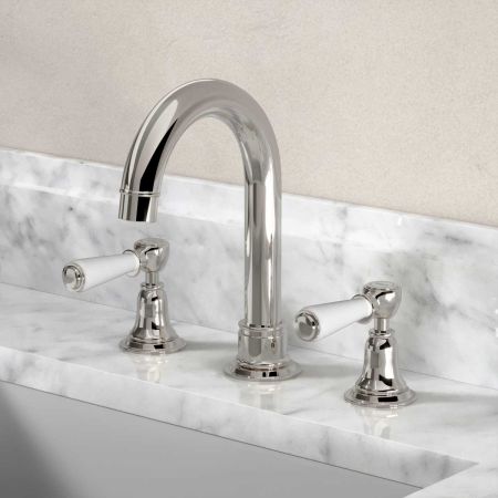 Linton Deck Mounted 3 Hole Basin Mixer with Swan Neck Spout - White Lever - Nickel