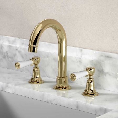 Linton Deck Mounted 3 Hole Basin Mixer with Swan Neck Spout - White Lever - Timeless Brass