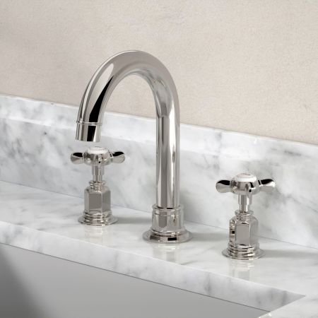 Linton Deck Mounted 3 Hole Basin Mixer with Swan Neck Spout - Crosshead & Ceramics - Polished Nickel