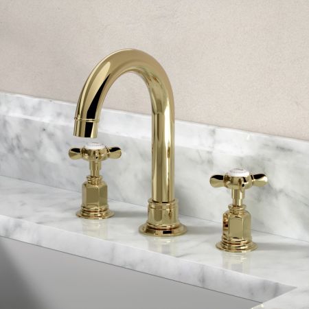 Linton Deck Mounted 3 Hole Basin Mixer with Swan Neck Spout - Crosshead & Ceramics - Timeless Brass