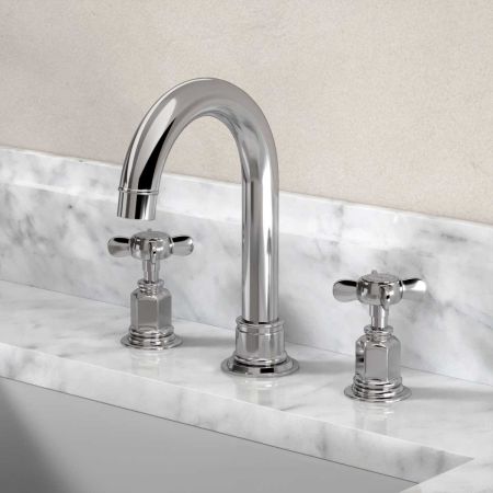 Aysgarth 3 Hole Basin Mixer - Swan Neck Spout - Crosshead - Chrome Finish