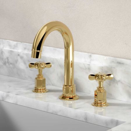 Aysgarth 3 Hole Basin Mixer - Swan Neck Spout - Crosshead - Living Brass Finish