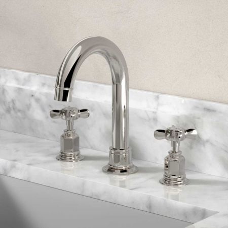 Aysgarth 3 Hole Basin Mixer - Swan Neck Spout - Crosshead - Polished Nickel Finish