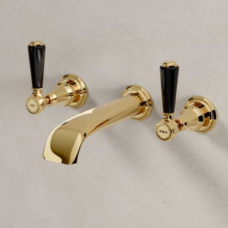 Linton - 3-Hole Basin Mixer - Wall Mounted - Black Lever - Brass