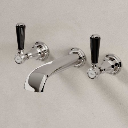 Linton - 3-Hole Basin Mixer - Wall Mounted - Black Lever - Nickel