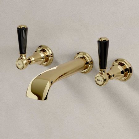 Linton Wall Mounted 3 Hole Basin Mixer - 175mm Spout - Black Lever - Timeless Brass