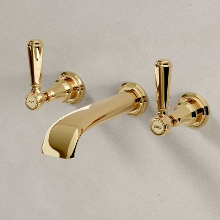 Linton - 3-Hole Basin Mixer - Wall Mounted - Metal Lever - Brass
