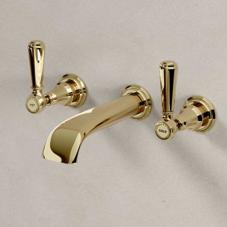 Linton Wall Mounted 3 Hole Basin Mixer - 175mm Spout - Metal Lever - Timeless Brass