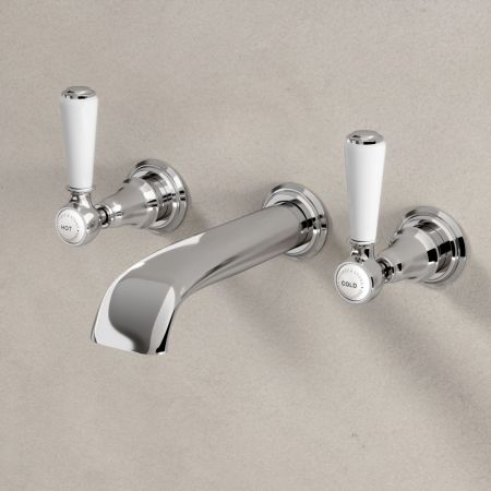 Linton Wall Mounted 3 Hole Basin Mixer - 175mm Spout - White Lever & Ceramics - Chrome