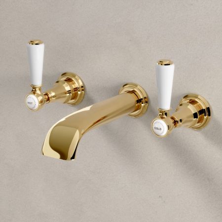 Linton Wall Mounted 3 Hole Basin Mixer - 175mm Spout - White Lever & Ceramics - Living Brass