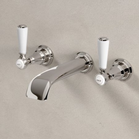 Linton Wall Mounted 3 Hole Basin Mixer - 175mm Spout - White Lever & Ceramics - Polished Nickel