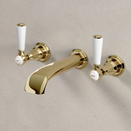 Linton Wall Mounted 3 Hole Basin Mixer - 175mm Spout - White Lever - & Ceramics Timeless Brass
