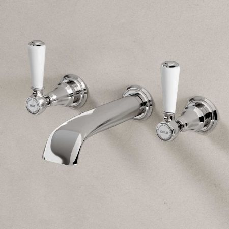 Linton - 3-Hole Basin Mixer - Wall Mounted - White Lever - Chrome