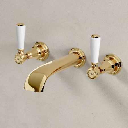 Linton - 3-Hole Basin Mixer - Wall Mounted - White Lever - Brass