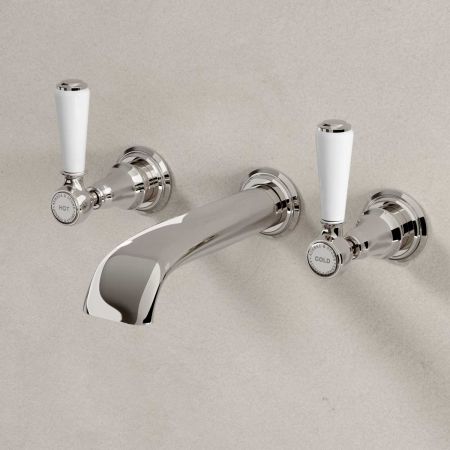 Linton - 3-Hole Basin Mixer - Wall Mounted - White Lever - Nickel
