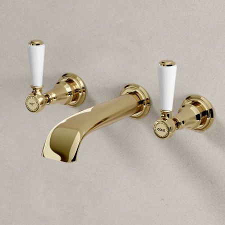 Linton Wall Mounted 3 Hole Basin Mixer - 175mm Spout - White Lever - Timeless Brass