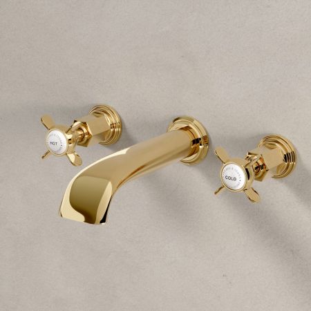 Linton Wall Mounted 3 Hole Basin Mixer - 175mm Spout - Crosshead & Ceramics - Living Brass