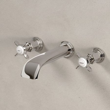 Linton Wall Mounted 3 Hole Basin Mixer - 175mm Spout - Crosshead & Ceramics - Polished Nickel