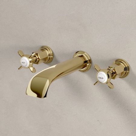 Linton Wall Mounted 3 Hole Basin Mixer - 175mm Spout - Crosshead & Ceramics - Timeless Brass