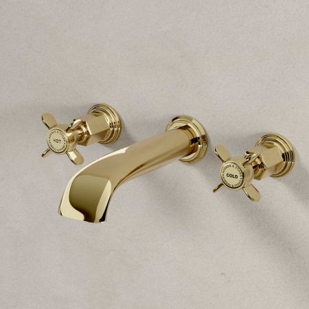 Linton Wall Mounted 3 Hole Basin Mixer - 175mm Spout - Crosshead - Timeless Brass