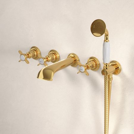 Aysgarth 5-Hole - Wall Mounted - Bath Shower Mixer - X Top - Living Brass