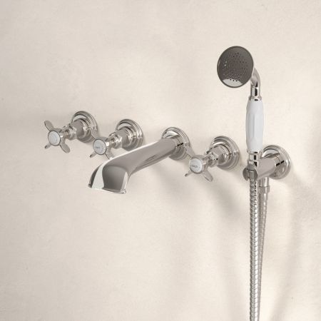 Linton Wall Mounted 5 Hole Bath Shower Mixer - Crosshead & Ceramics - Polished Nickel
