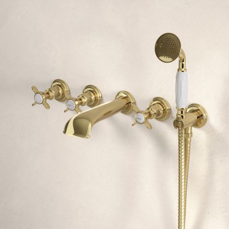 Linton Wall Mounted 5 Hole Bath Shower Mixer - Crosshead & Ceramics - Timeless Brass